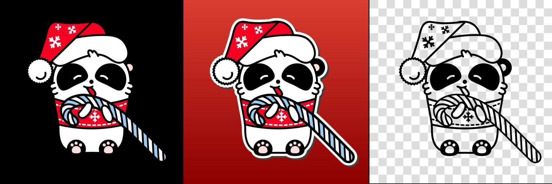 Panda kawaii santa set. Cute vector happy bear in a Christmas hat eats a lollipop. Linear style illustration on a white background. Sticker, print for coloring.