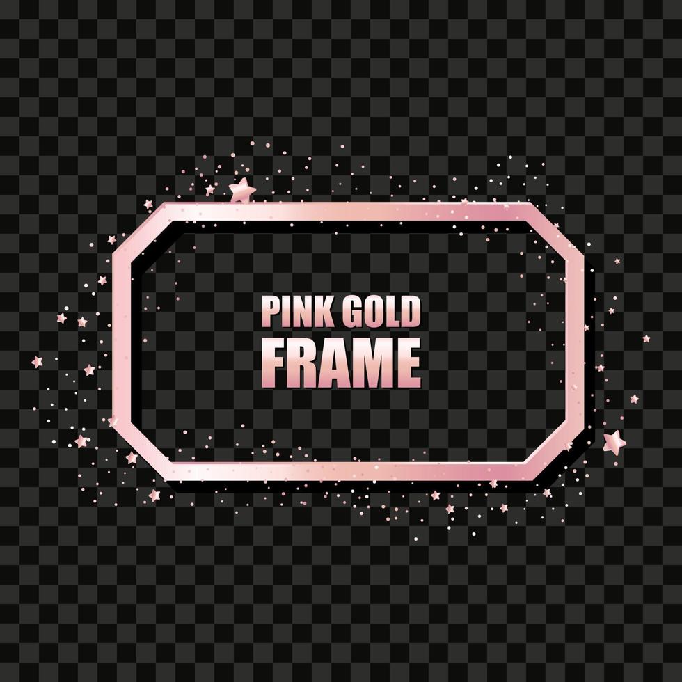 Rose gold metal realistic rectangular frame for text banner, card. Wedding invitation, birthday and celebration. Vector isolated object on a black background with shiny sparkles. Luxury illustration