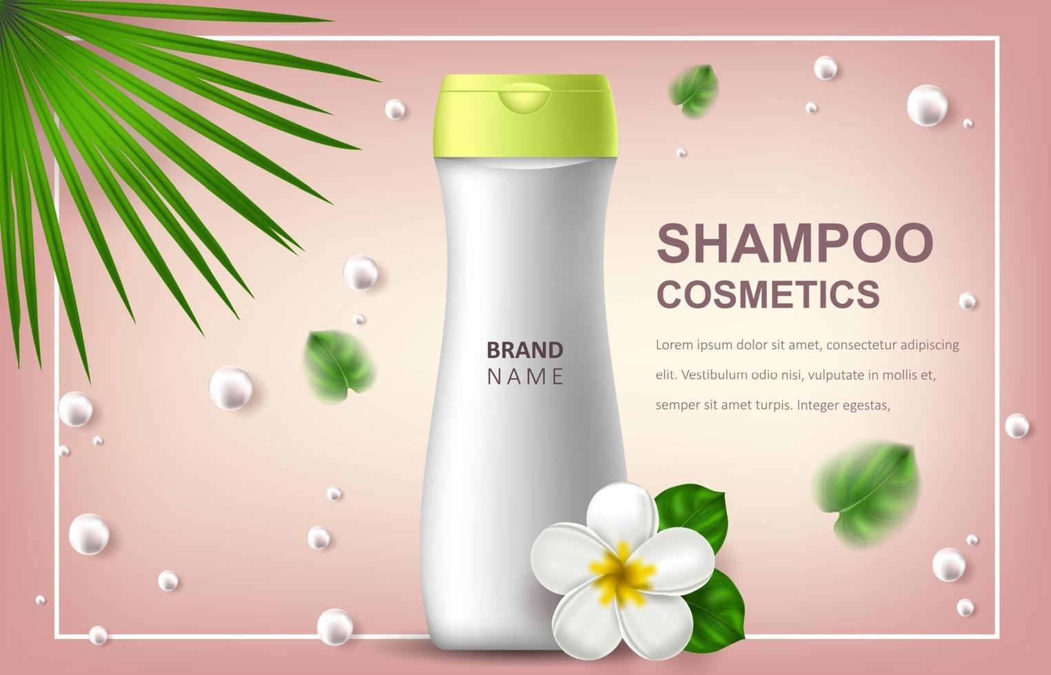 Vector realistic illustration with blank of a bottle for shampoo. Tropical Hawaiian flowers frangipani. Banner for advertising and promotion of cosmetic products. Use for posters, cards