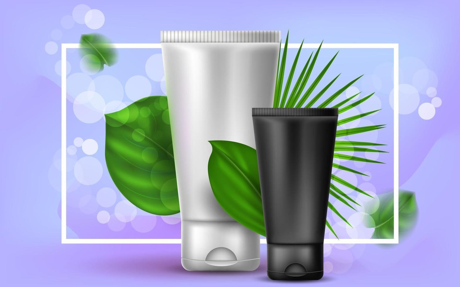 Vector realistic cosmetic illustration with a plastic white and black tube of cream or lotion. Tropical palm leaves on a purple background. Banner for the advertising and promotion of face products.