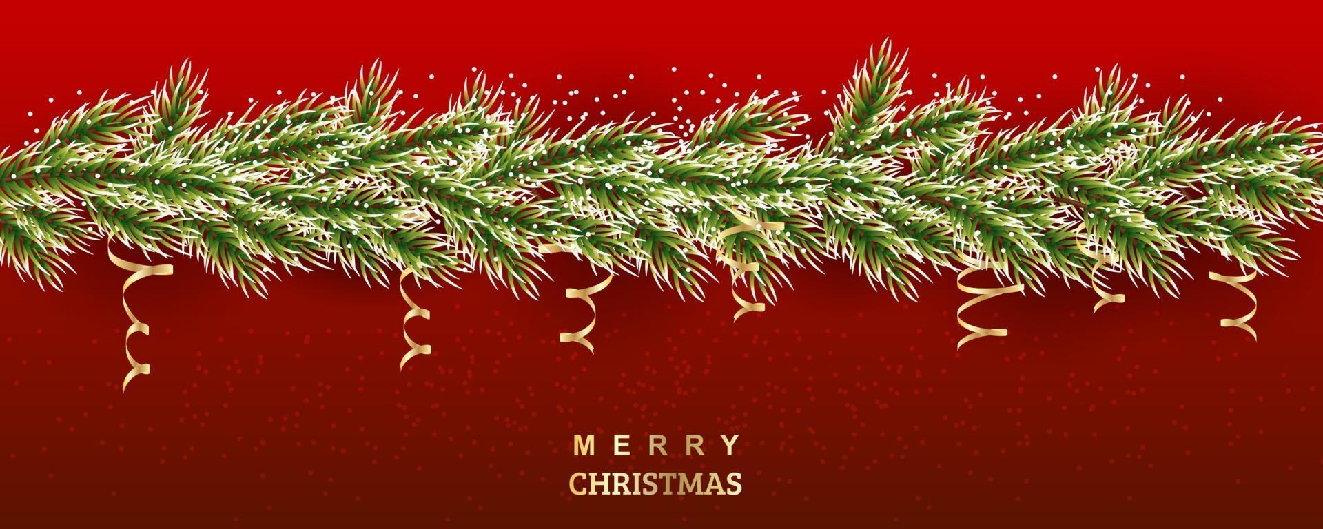 Xmas tree illustration. Snowy branches of spruce with gold serpentine. Vector background for banners, sites, invitations. Realistic border on a red background