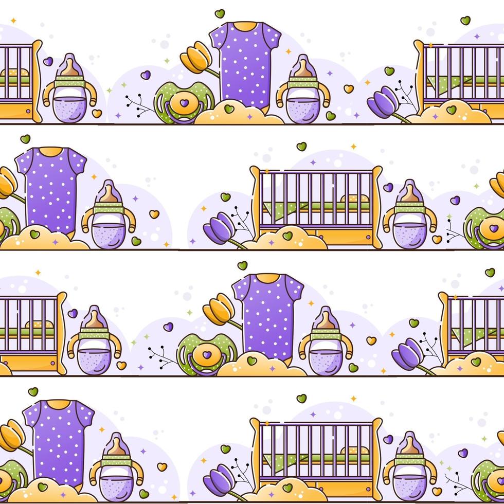 Vector seamless color pattern with baby accessories for newborn. Birth of a child, feeding and care. Use for backgrounds, wallpaper, wrapping paper, textiles. Linear style