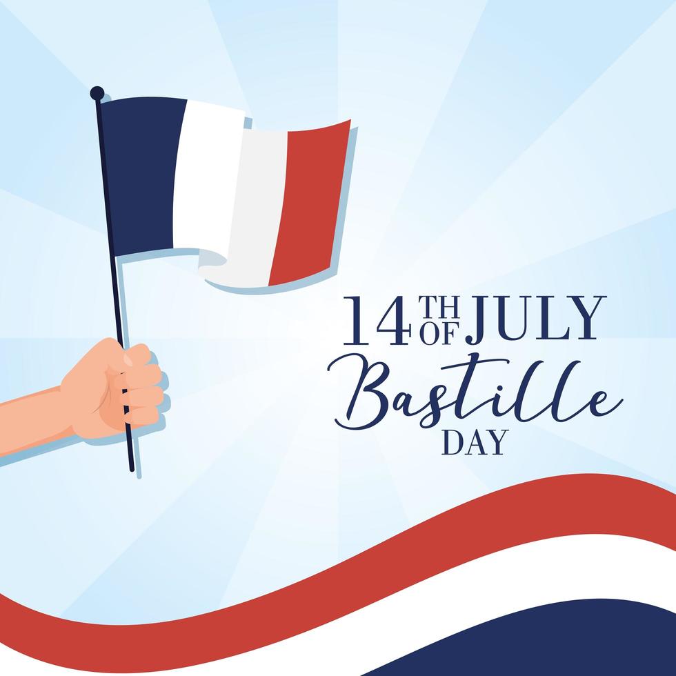 Bastille day celebration card with hand waving a French flag vector