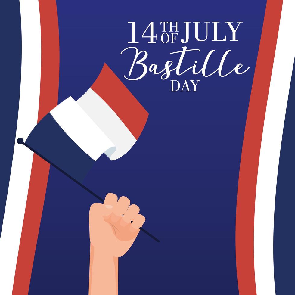 Bastille day celebration card with hand waving a French flag vector