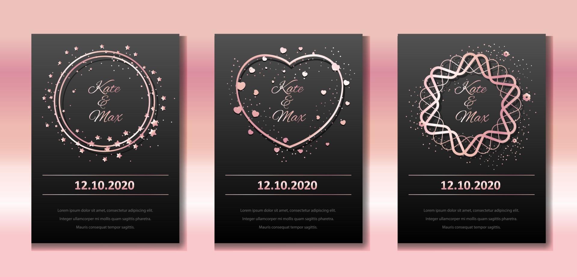 conjunto de invitación de boda. banners vectoriales con marcos de oro rosa sobre fondo negro. bordes reales redondos con destellos y corazones. plantillas para boda, cumpleaños, fiesta. vector