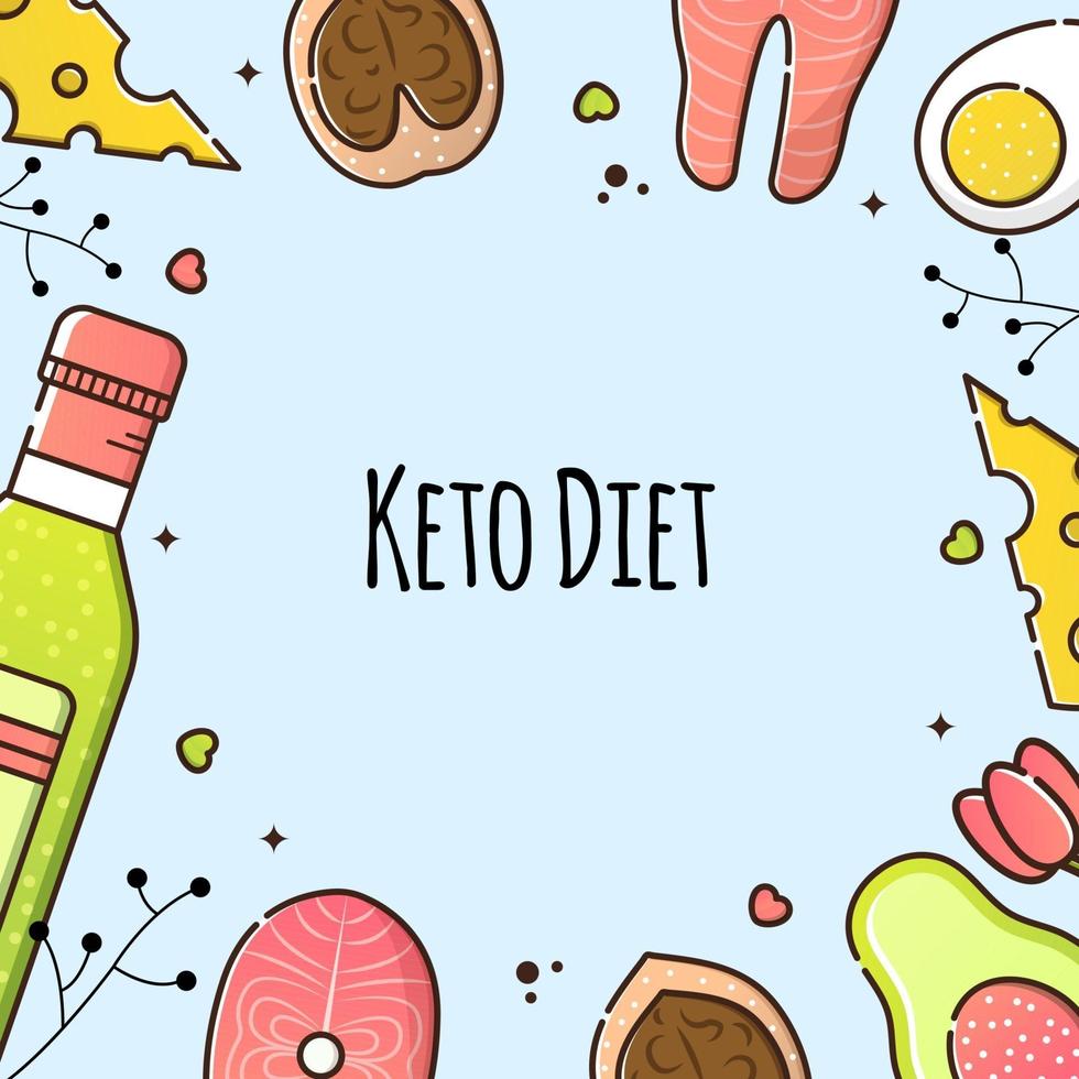 Vector illustration of keto diet on a blue background. Olive oil, salmon steak and avocado. Useful products for weight loss, cooking. Post template for social media