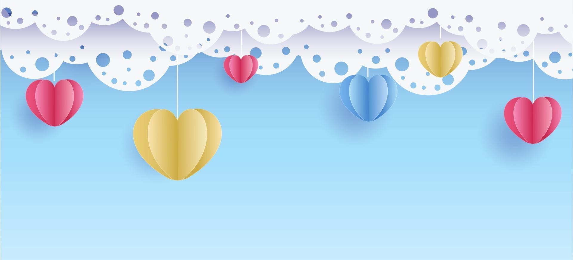 Valentine's Day. Vector sweet and cute blue background with paper cut color hearts with clouds and lace. Banner and card for site and cards. Wedding and love