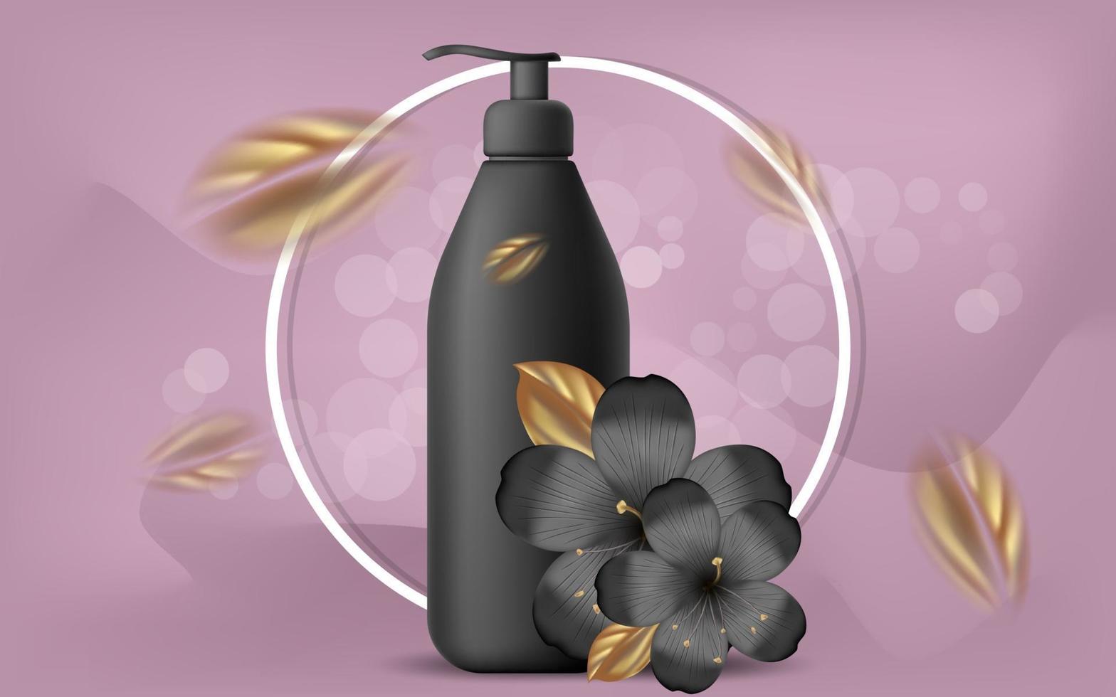 Vector realistic illustration with empty black shampoo or gel bubbles. Tropical Hawaiian flowers and golden leaves. Banner for advertising and promotion of cosmetic products. Use for posters, cards