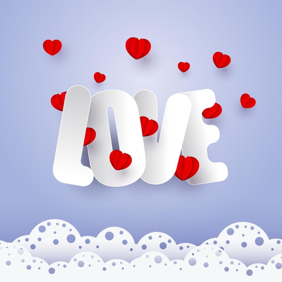día de San Valentín. vector letras de papel con corazones rojos sobre un fondo lila. nubes en forma de encaje. banner, postal, invitación