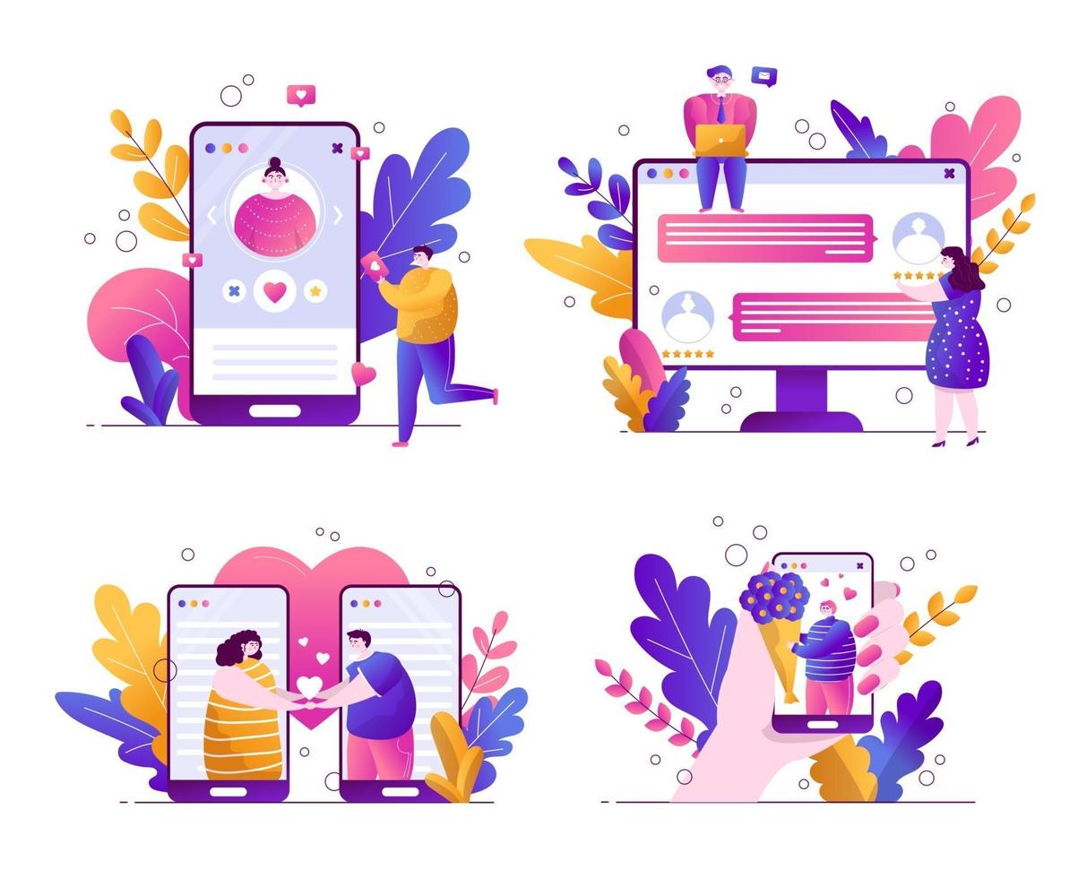 set of vector flat trend illustrations on a white background with characters and botanical leaves. Apps for online dating. People communicate on a smartphone on social networks, put likes