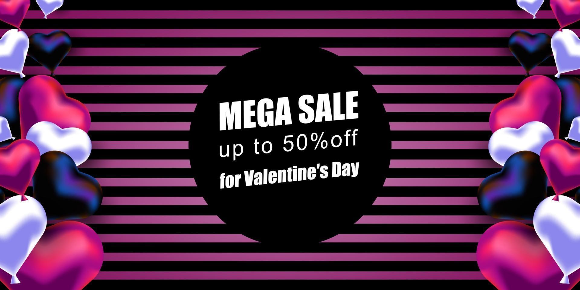 Valentine's Day. Vector banner with realistic ballons in the shape of a heart and a striped background. Mega discount offer. Banner, postcard with a place for text