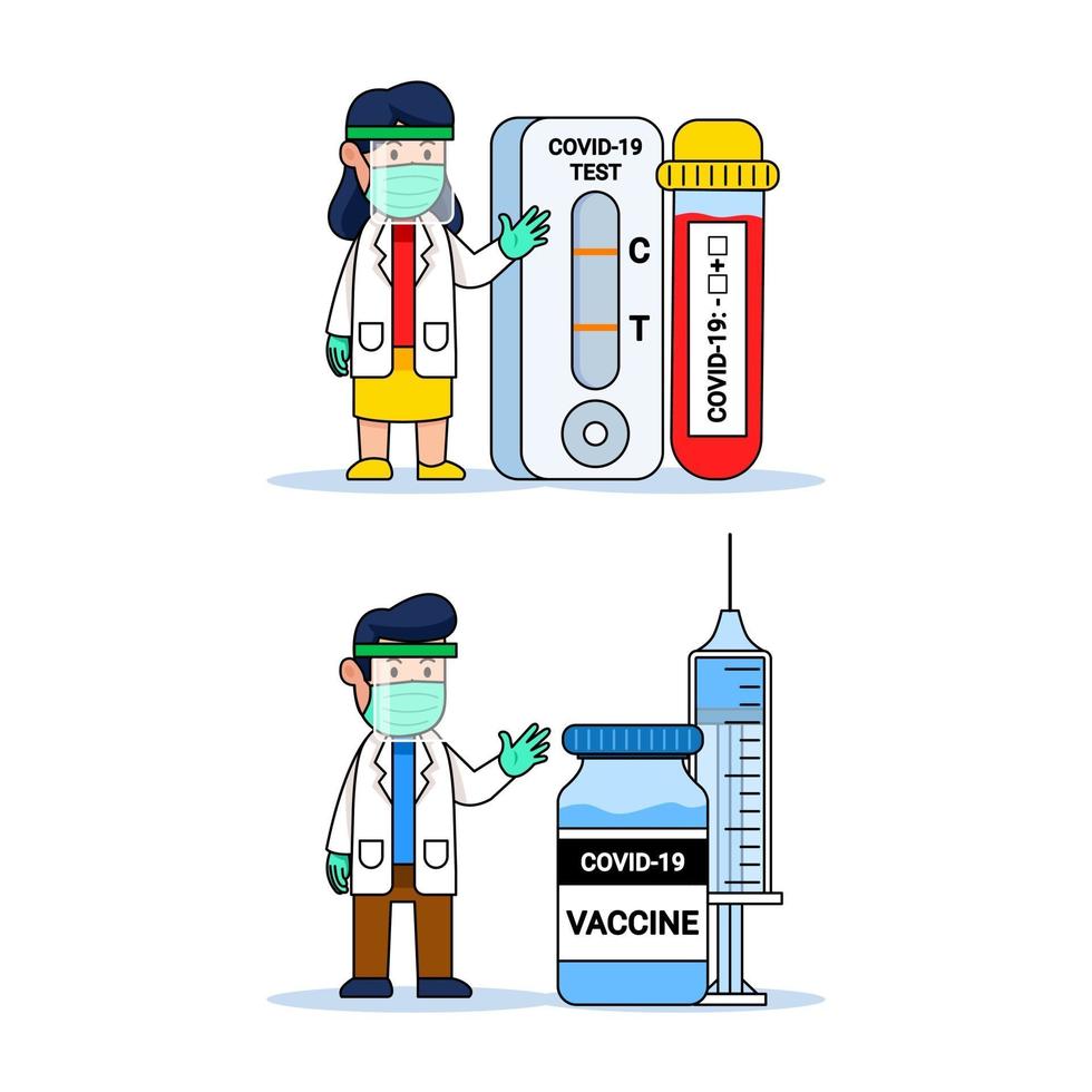 Doctor Cute Cartoon Character With Covid Diagnostic Tool And Vaccine Bottle vector