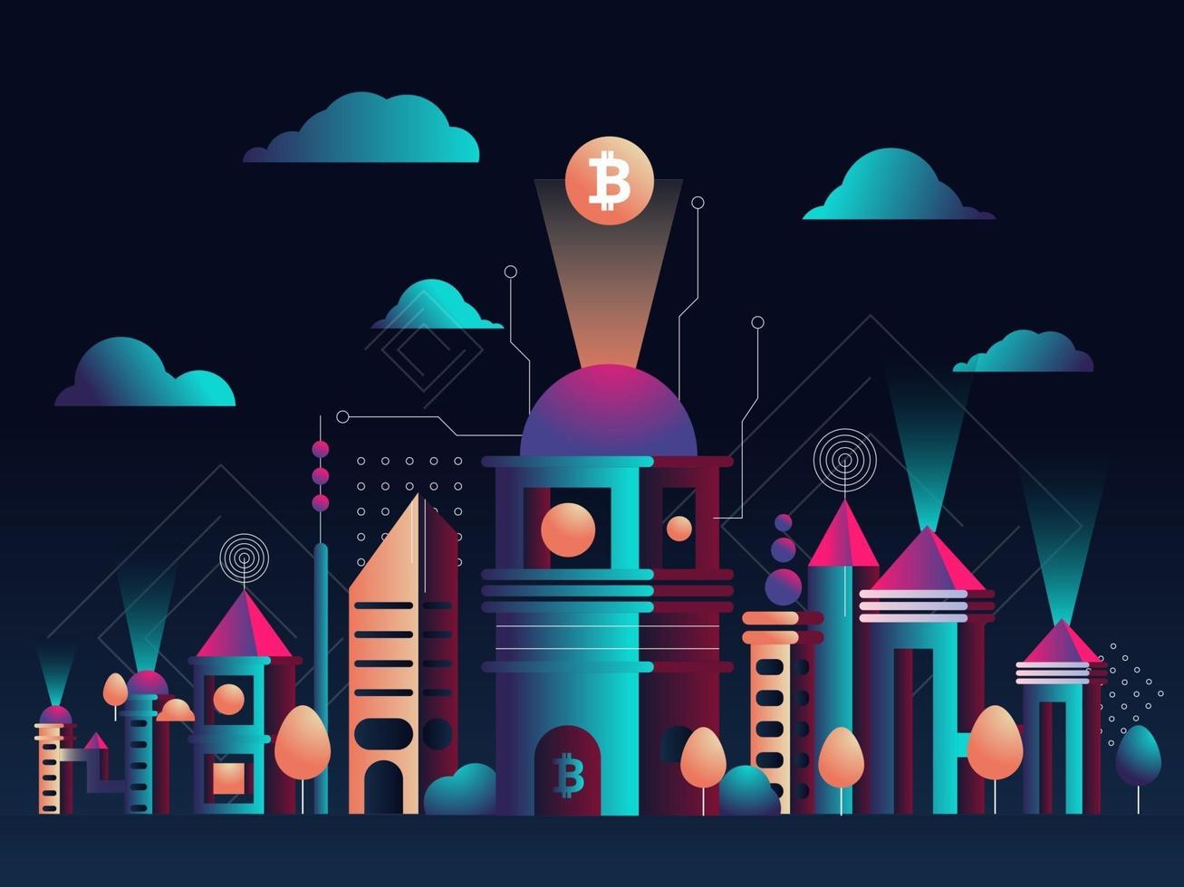 Vector illustration. Futuristic cityscape. The city of the future. A symbol of bitcoin and blockchain. Geometric shapes and memphis style. Night sky with clouds background