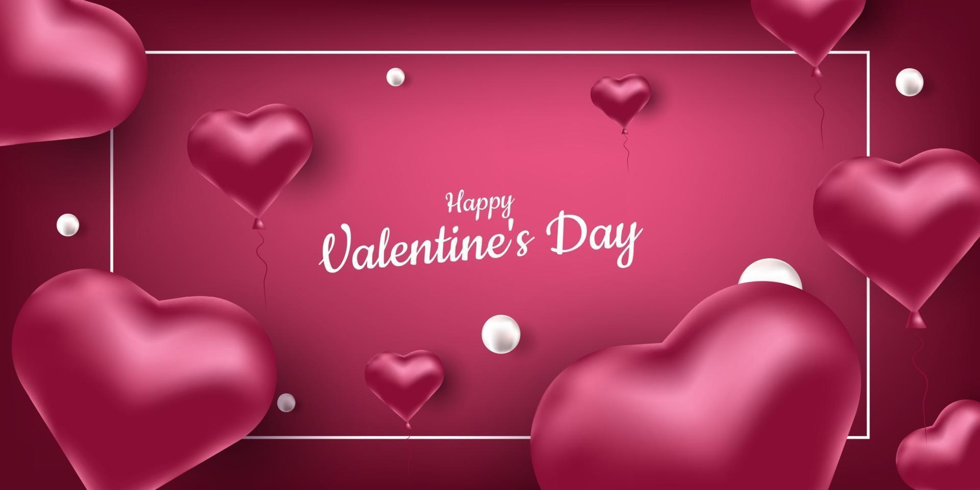 Happe Valentine's Day. Vector banner with pink air balloons in the shape of a heart and pearls. Place for text, frame. Realistic illustration