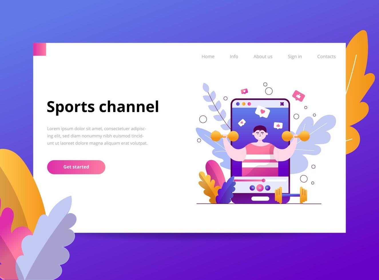 A young man athlete talks about sports. The blogger records a video about a lifestyle and posts it on the channel to the social network. Vector flat illustration template for landing page