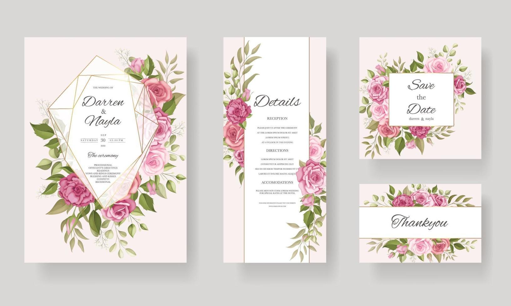 hermoso conjunto de plantillas de tarjeta de invitación de boda geométrica floral vector