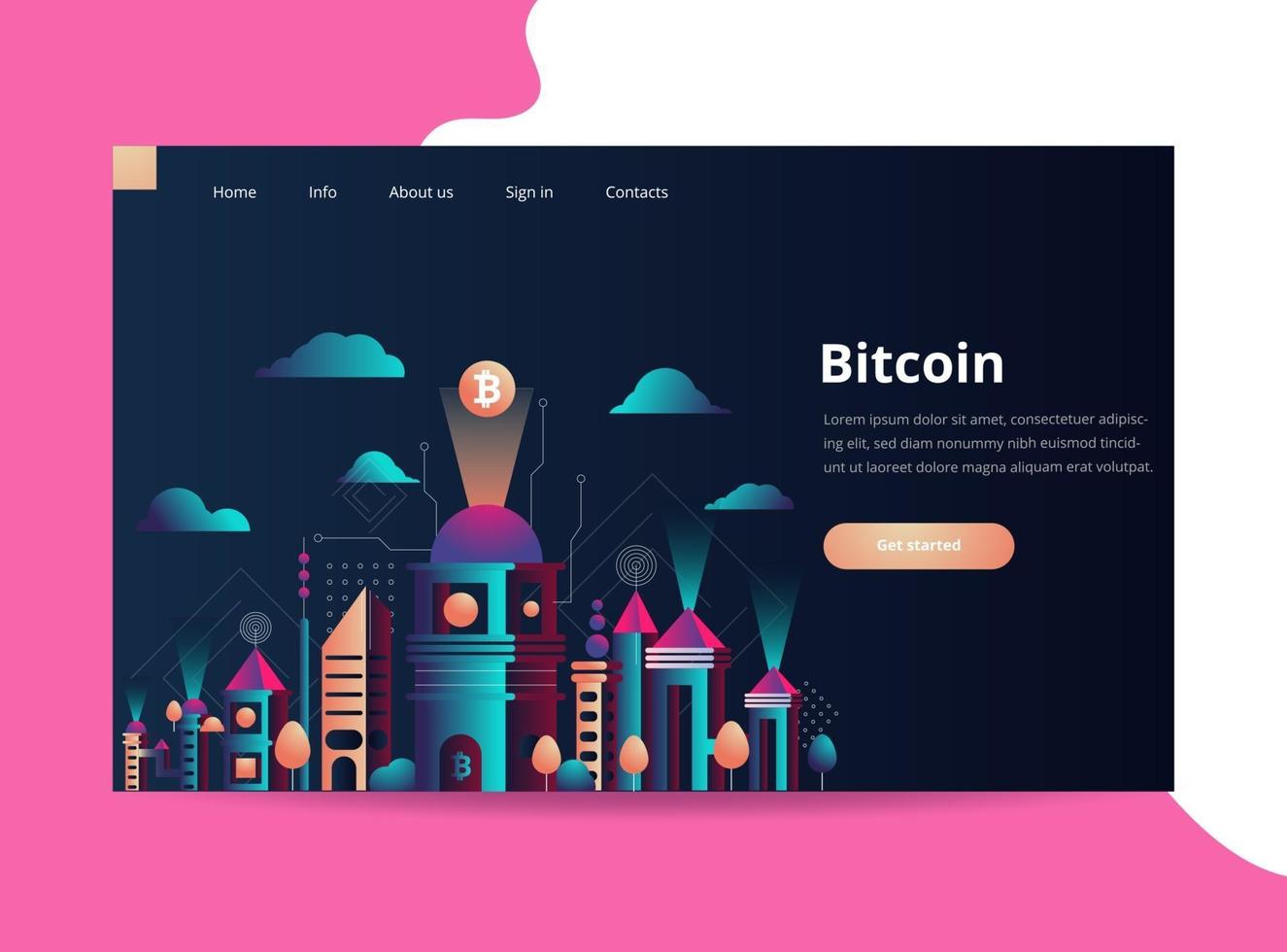 Vector illustration. Futuristic cityscape. The city of the future. A symbol of bitcoin and blockchain. Geometric shapes and memphis style. Landing page template