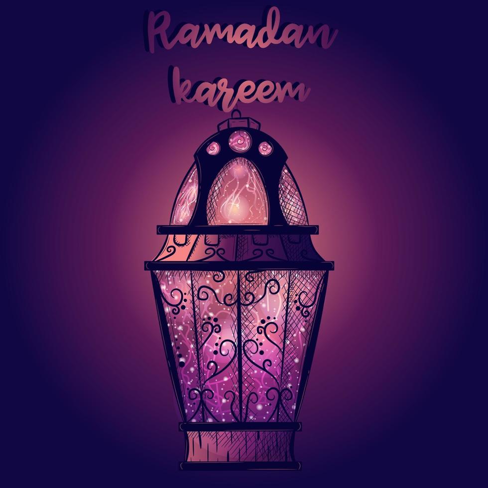 Gradient wallpaper with islamic Ramadan lantern. Purple greeting card with an arabic candle full of stars and light. Middle East cultural and religious holiday. vector