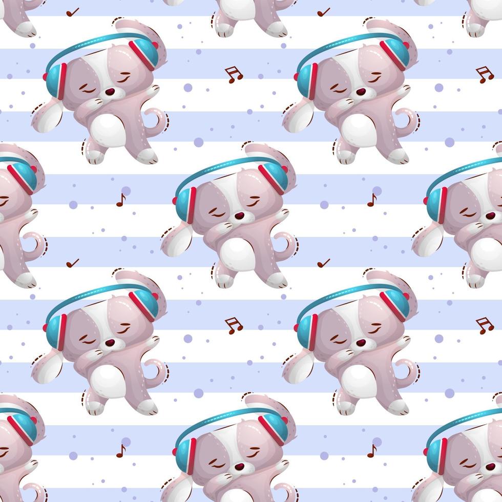The cute dog dances in headphones and shows a gesture of dab. Vector seamless pattern