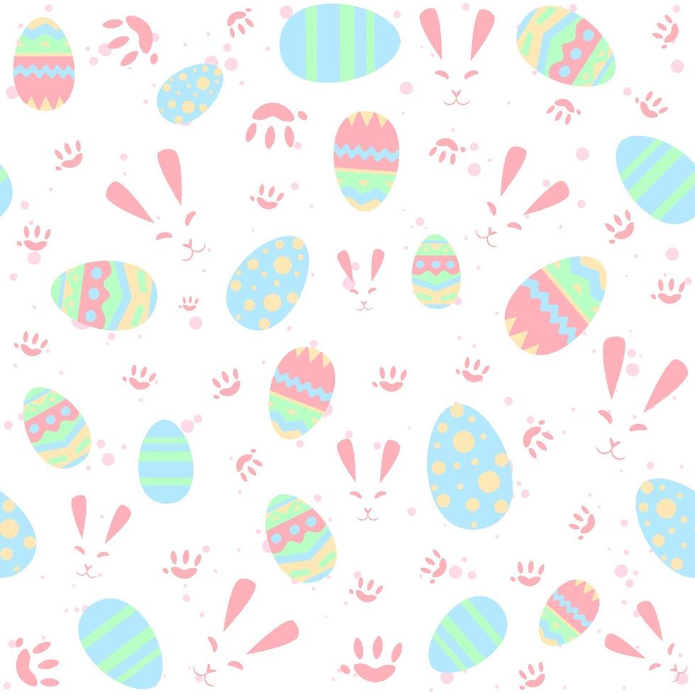 Pastel seamless pattern with rabbits, paws and eggs. Repetitive Easter background with bunnies for kids and babies. Christian and religious traditional concept for spring Holidays. vector