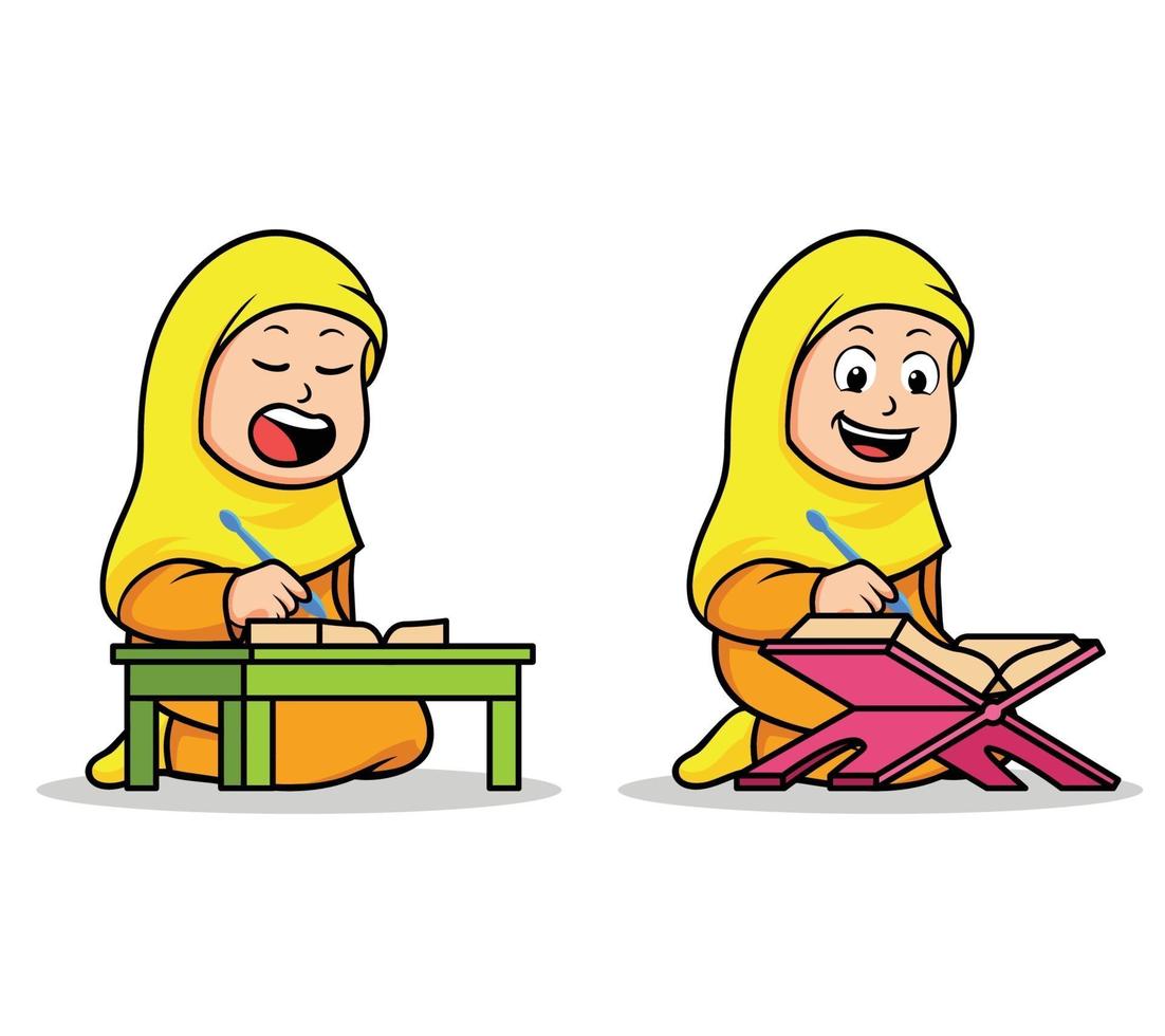 Girl Islamic School Kids Reading Holy Koran vector