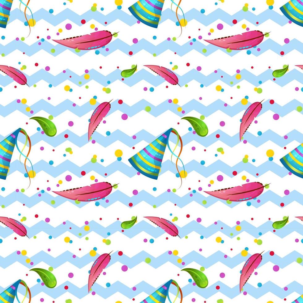 A seamless children pattern with flamingo feathers and festive caps and confetti. background zigzag. Vector print for wallpaper, wrapping paper and textiles