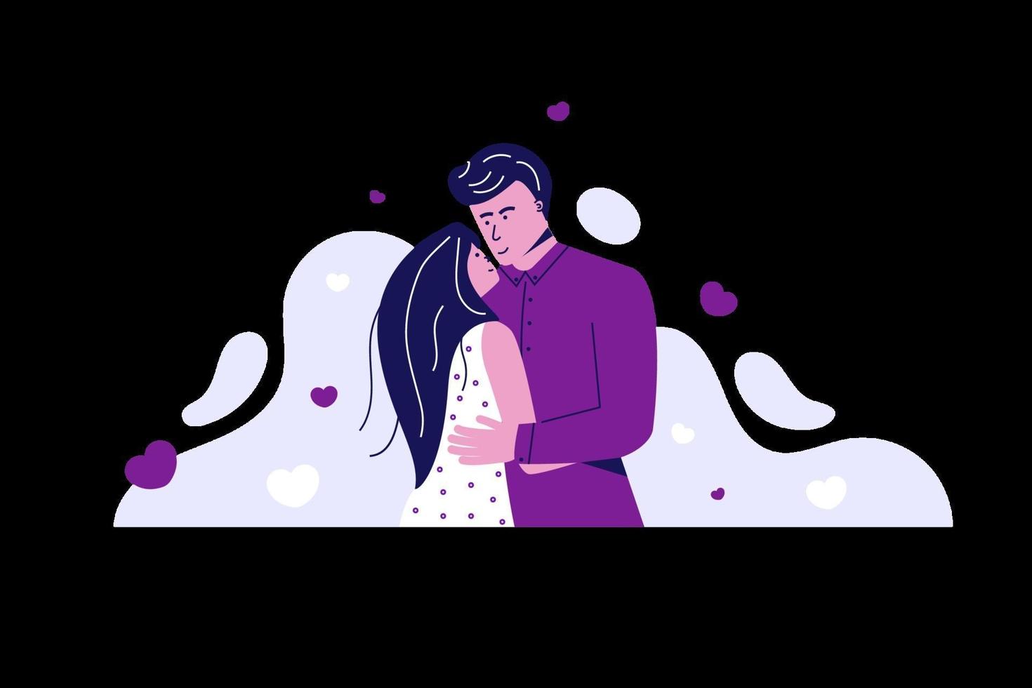 Valentine's Day. Lovers hug and love each other. Vector flat trendy illustration with hearts on white background. Woman and man love, Use for landing page. website, poster, banner and cards