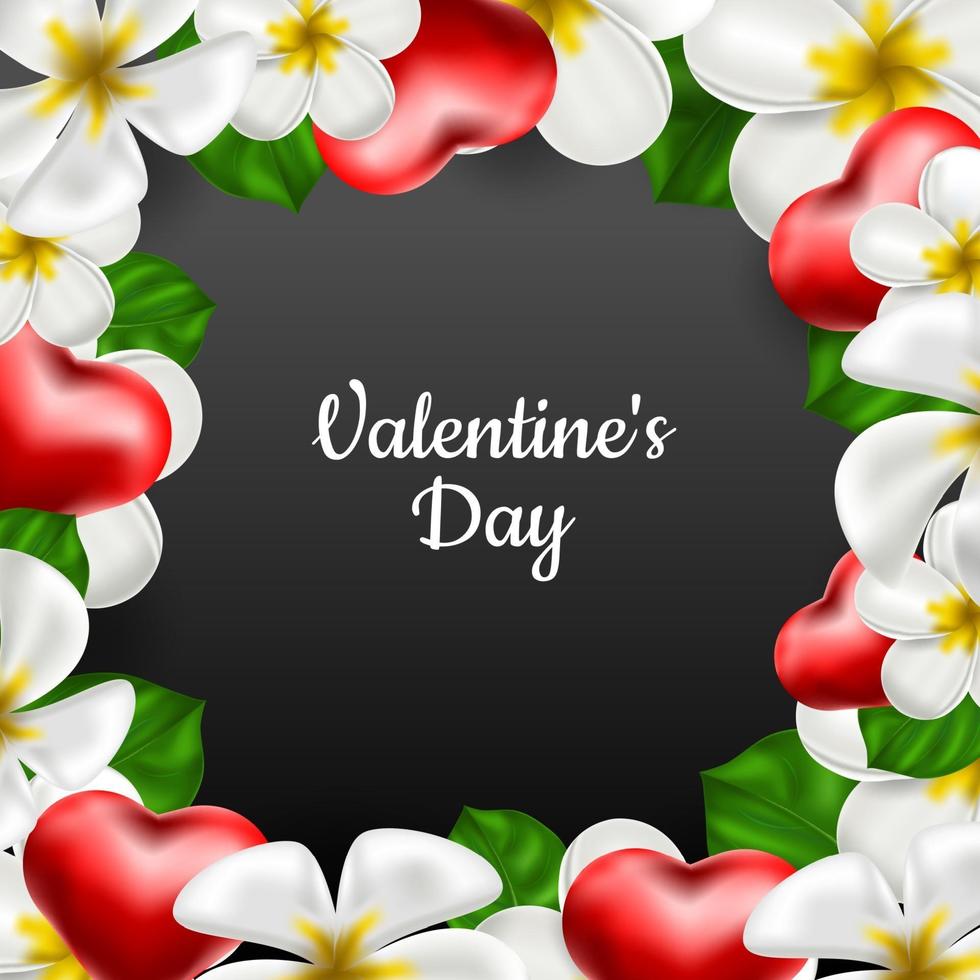 Valentine's Day. Vector realistic background frame of exotic flowers frangipani and red hearts. Banner, invitation, frame with place for text