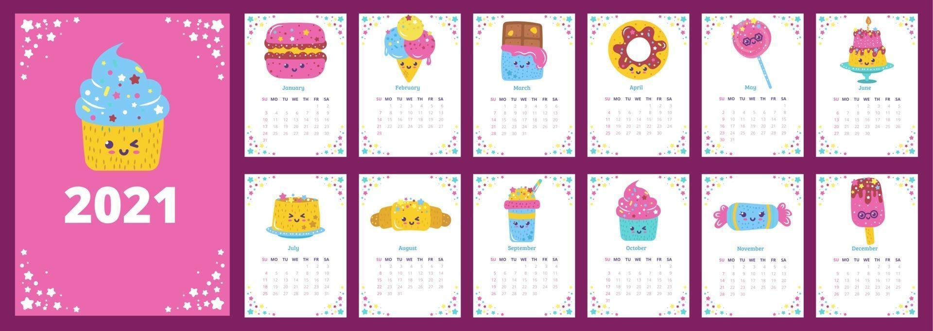 Calendar 2021 with pattern desserts vector