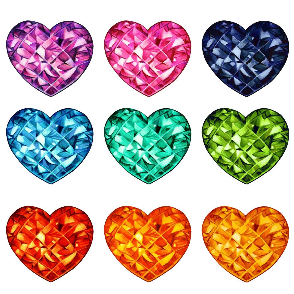 Colorful watercolor crystal heart shaped gems collection vector