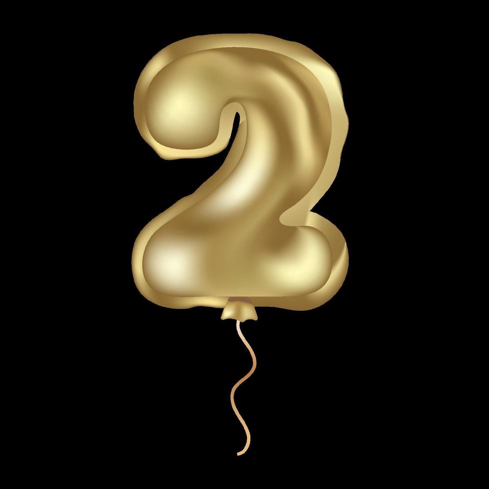 Golden vector realistic balloon. Numeral two isolated object on a white background. Birthday celebration, anniversary invitation.