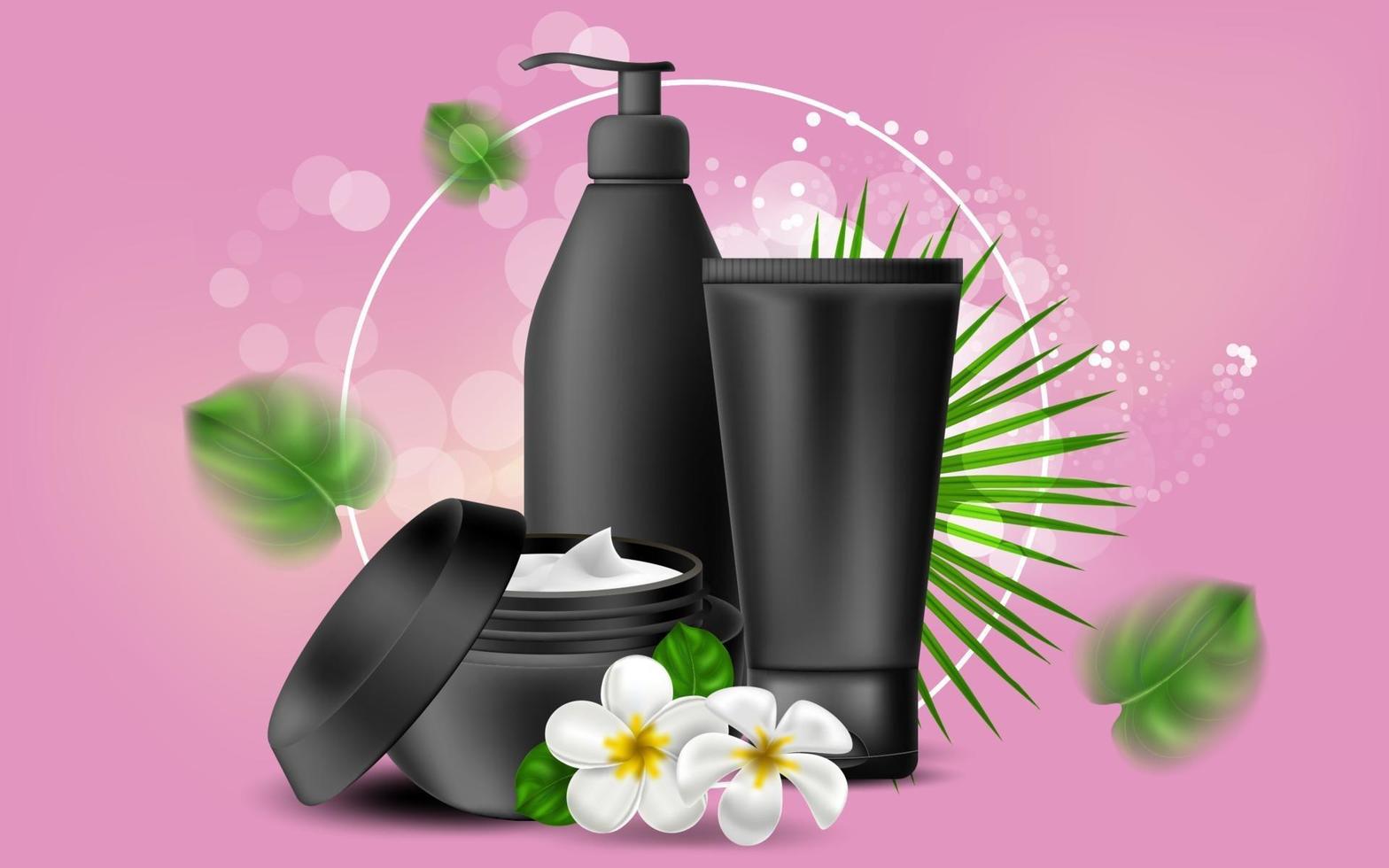 Vector realistic illustration with black blank of a bottle for cream and gel. Tropical Hawaiian flowers frangipani. Banner for advertising and promotion of cosmetic products. Use for posters, cards