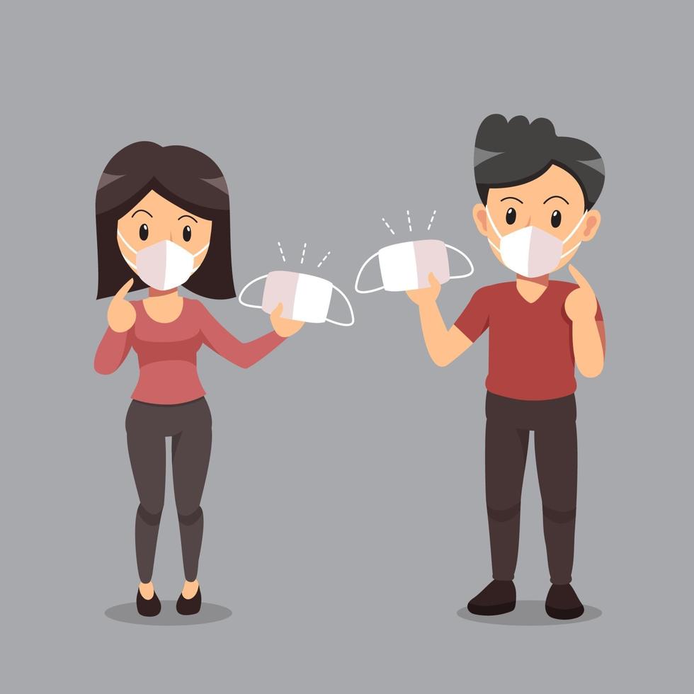 Air pollution concept couple wearing protective face mask for design. vector