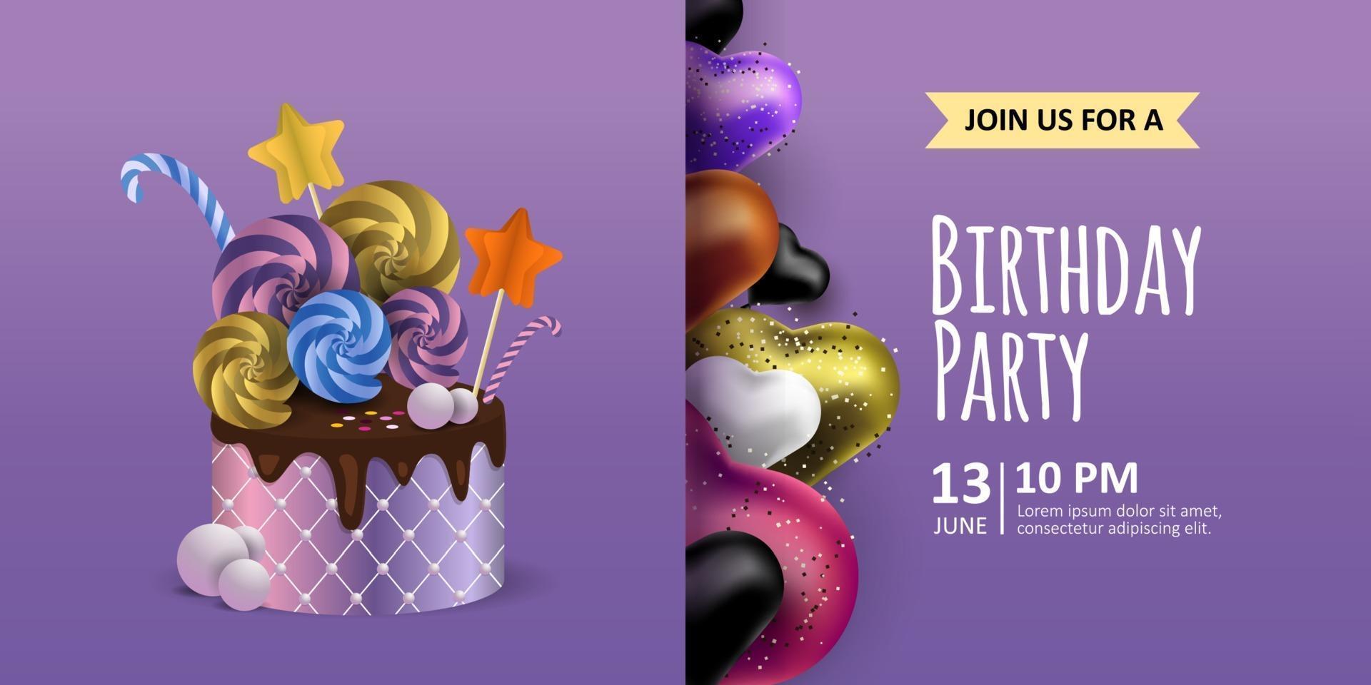 Happy Birthday purple Background. Colorful realistic balloons heart shape and chocolate cake Vector invitation banner, postcard and flyer