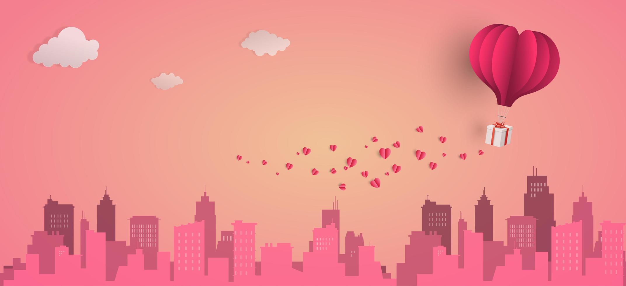 Globo de corazón con caja de regalo flotando en la parte superior de la ciudad, pancartas de feliz día de San Valentín, estilo de arte en papel. vector