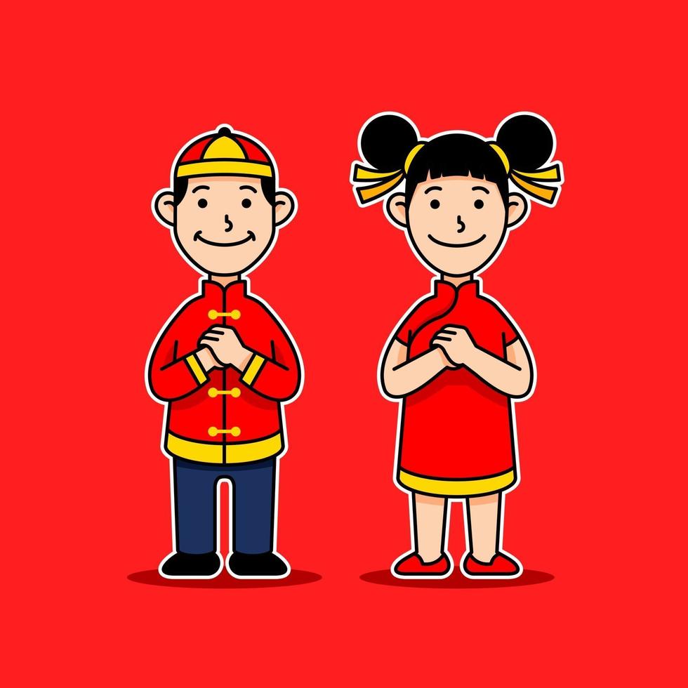 personaje de dibujos animados de niño y niña chinos dan saludos 1977629  Vector en Vecteezy