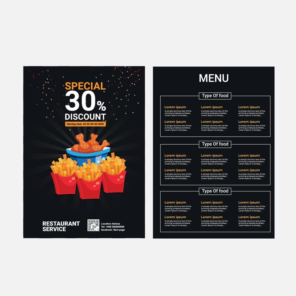 Diseño de menú de descuento de comida especial en negro. vector