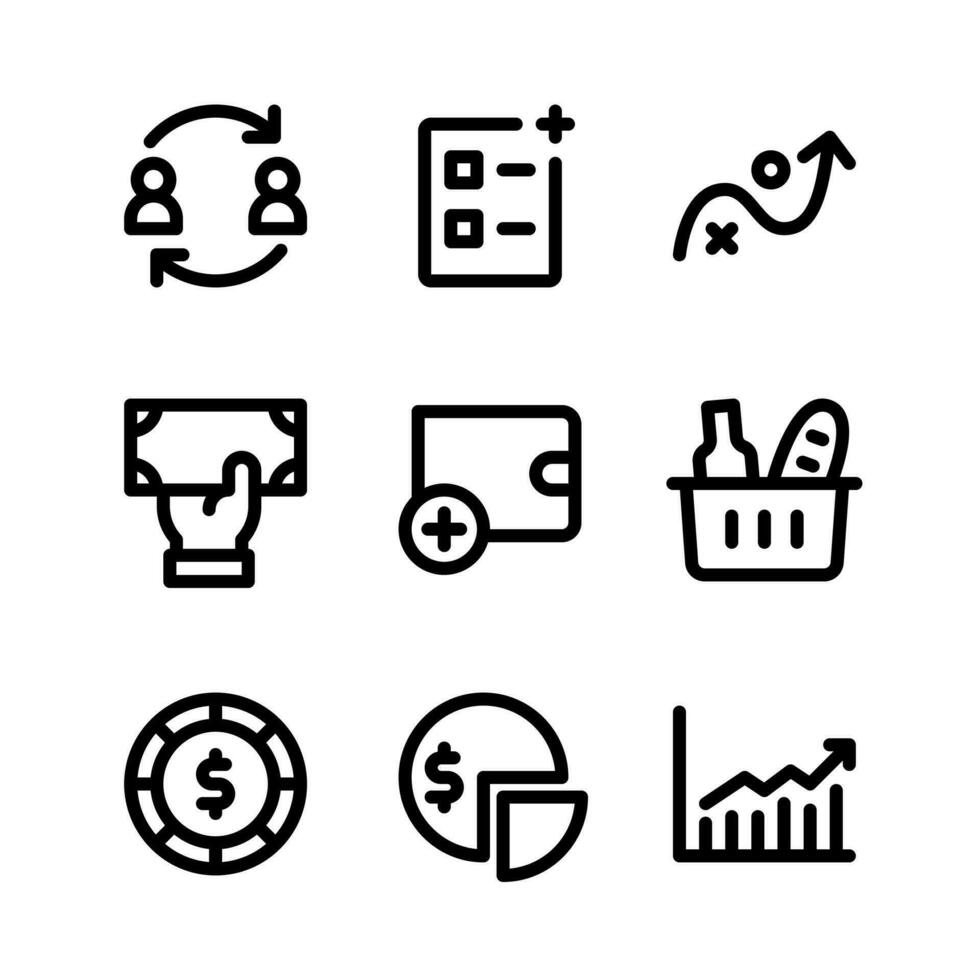 conjunto simple de iconos de líneas vectoriales relacionados con la bolsa de valores. contiene iconos como comercio, agregar lista, efectivo, saldo y más. vector