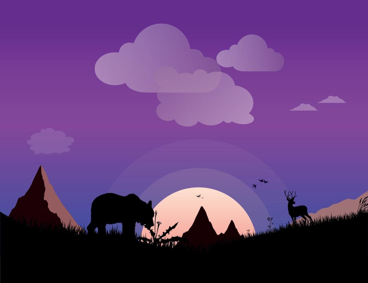 Forest night nature illustration art with animals and hills. vector
