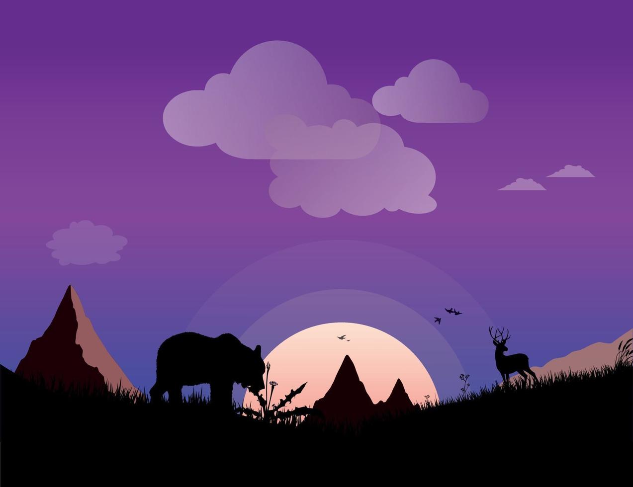 bosque noche naturaleza ilustración arte con animales y colinas. vector