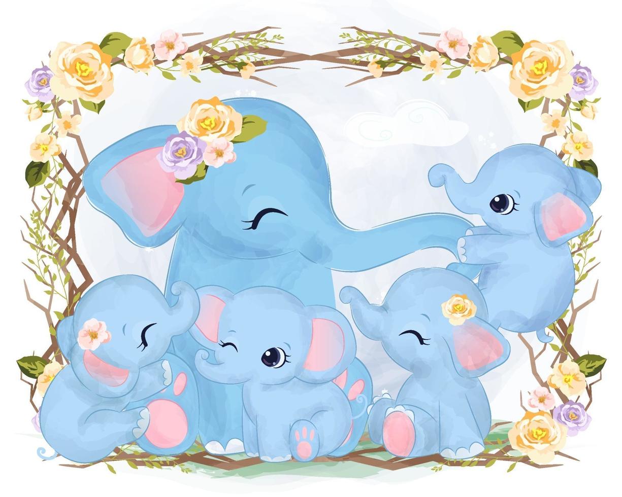 Cute mommy and baby elephants playing together vector