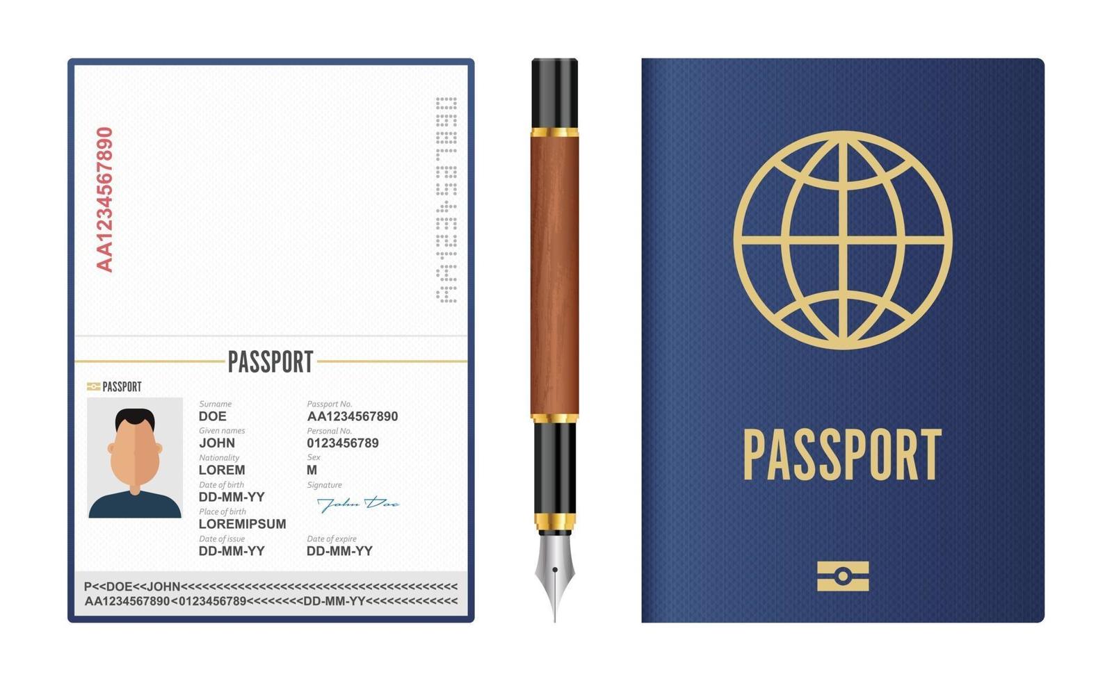 juego de pasaporte internacional realista y pluma estilográfica vector