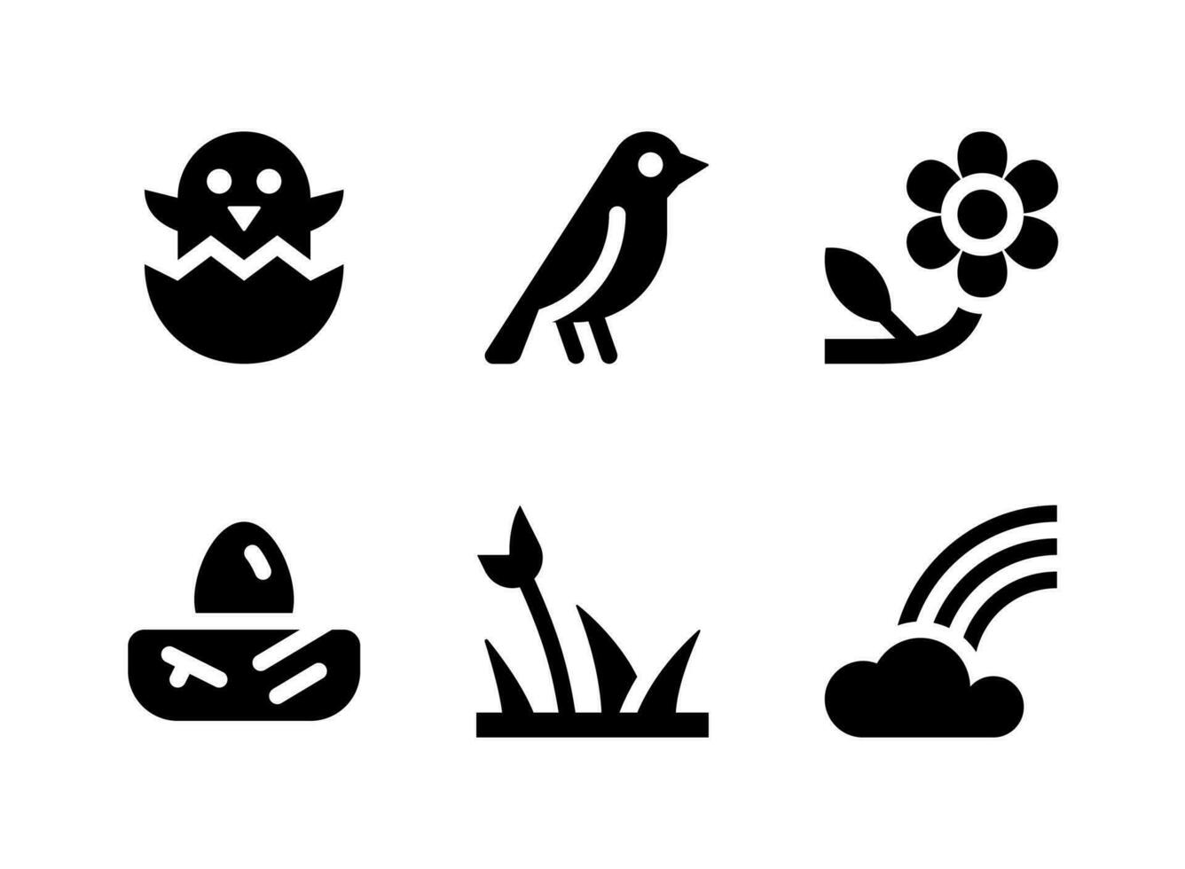 simple conjunto de iconos sólidos vectoriales relacionados con la primavera. contiene iconos como eclosión de polluelos, pájaros, flores, nidos y más. vector