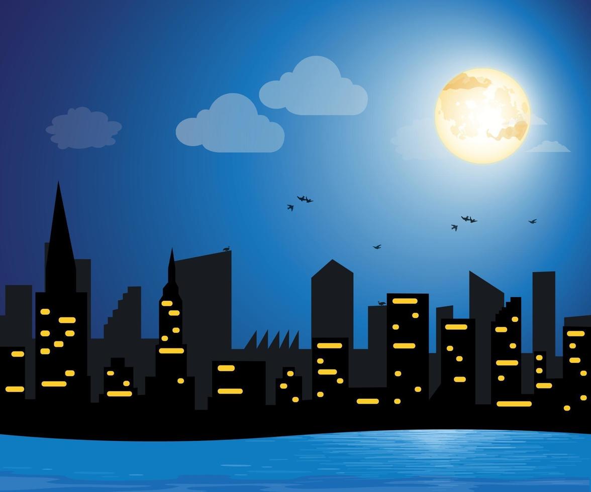City buildings night illustration art with river. vector
