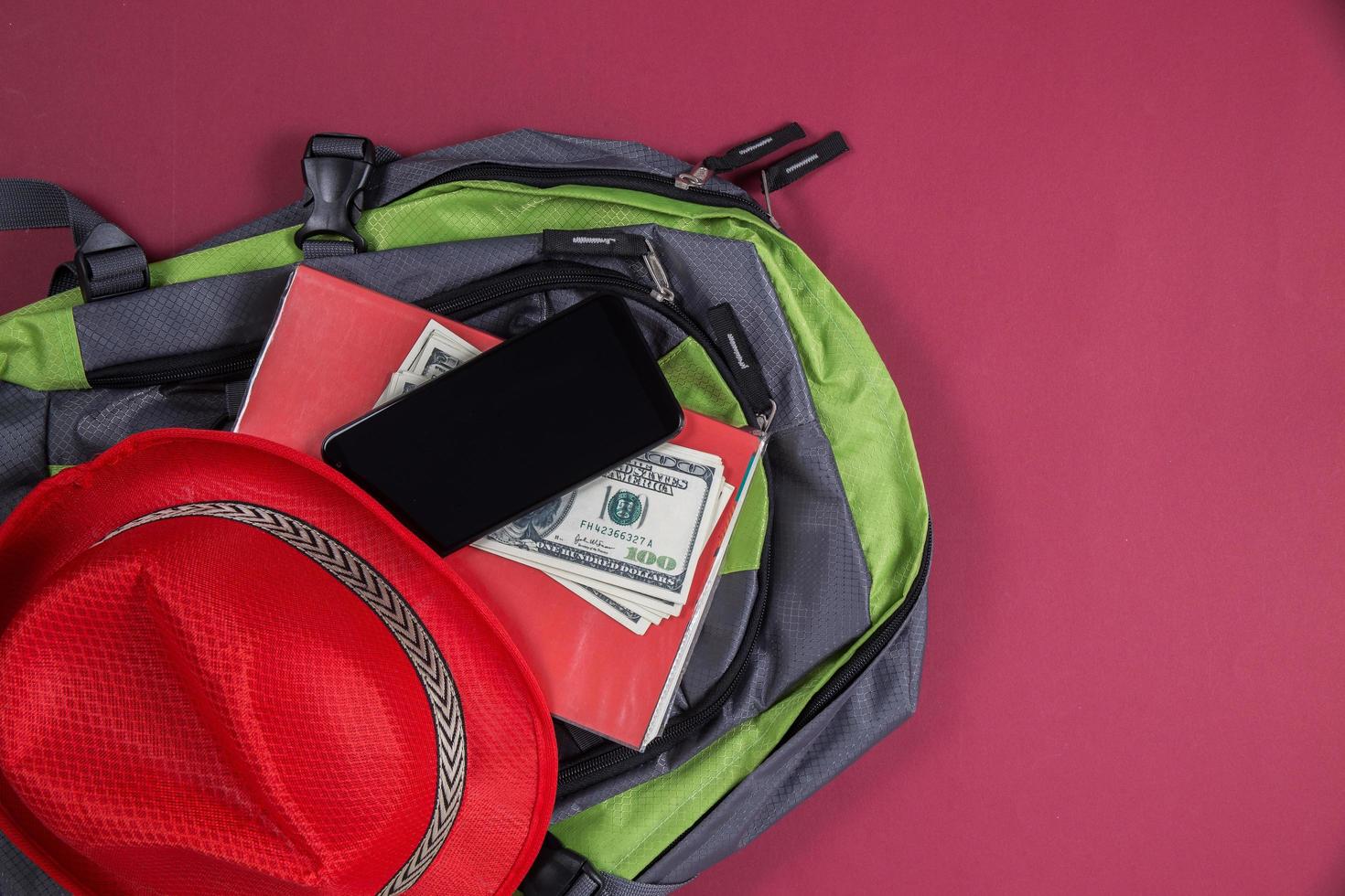 Top view of tourist bag for travel photo