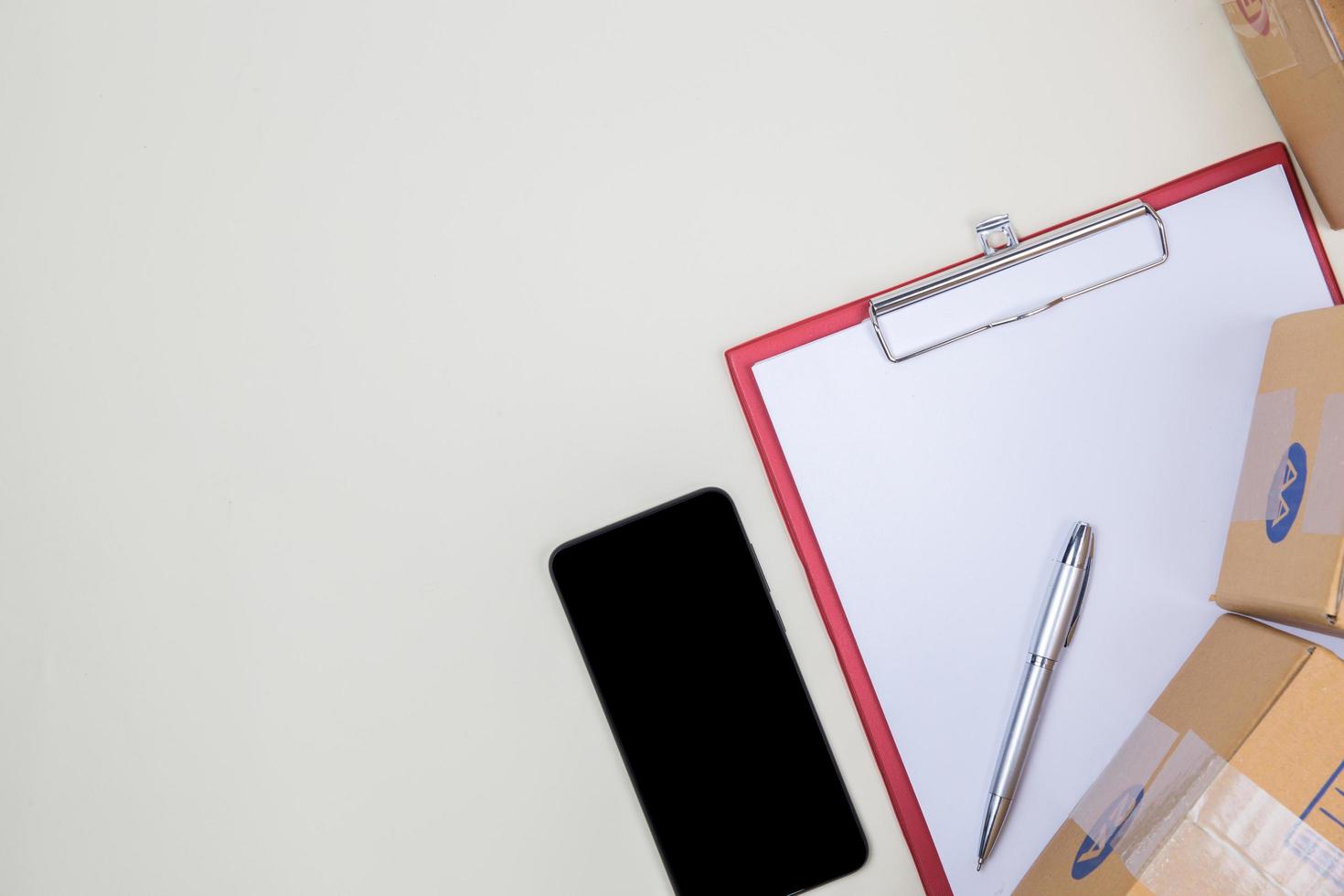 Flat lay, top view office table desk photo