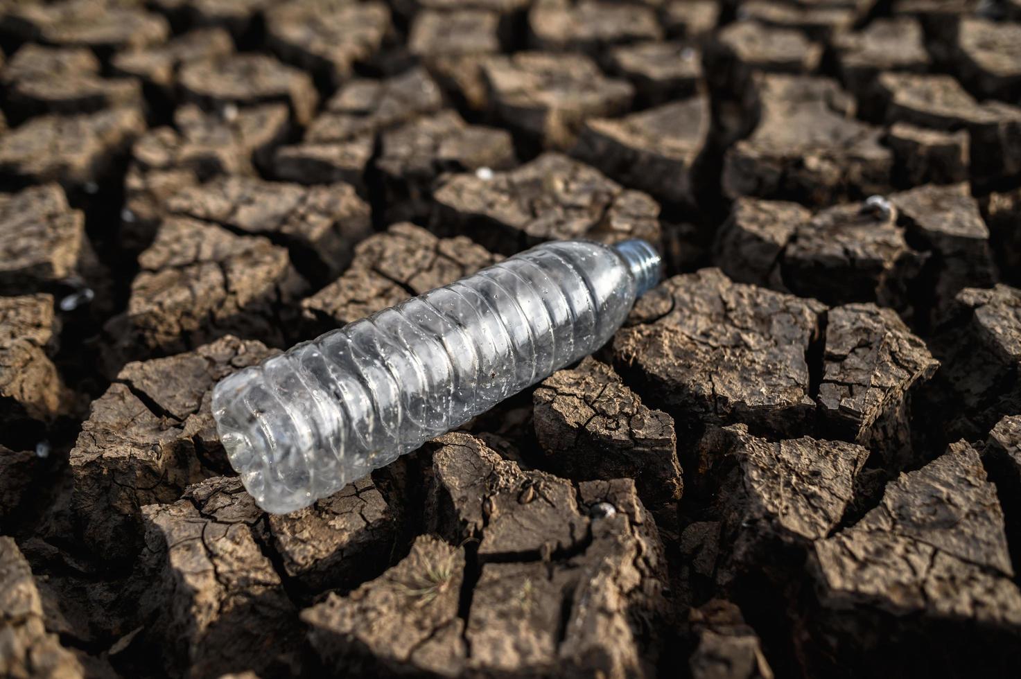 Water bottle on dry soil with dry land photo