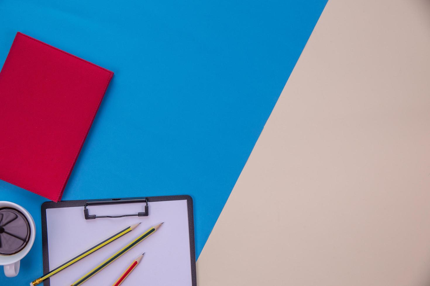 Flat lay, top view office table desk photo