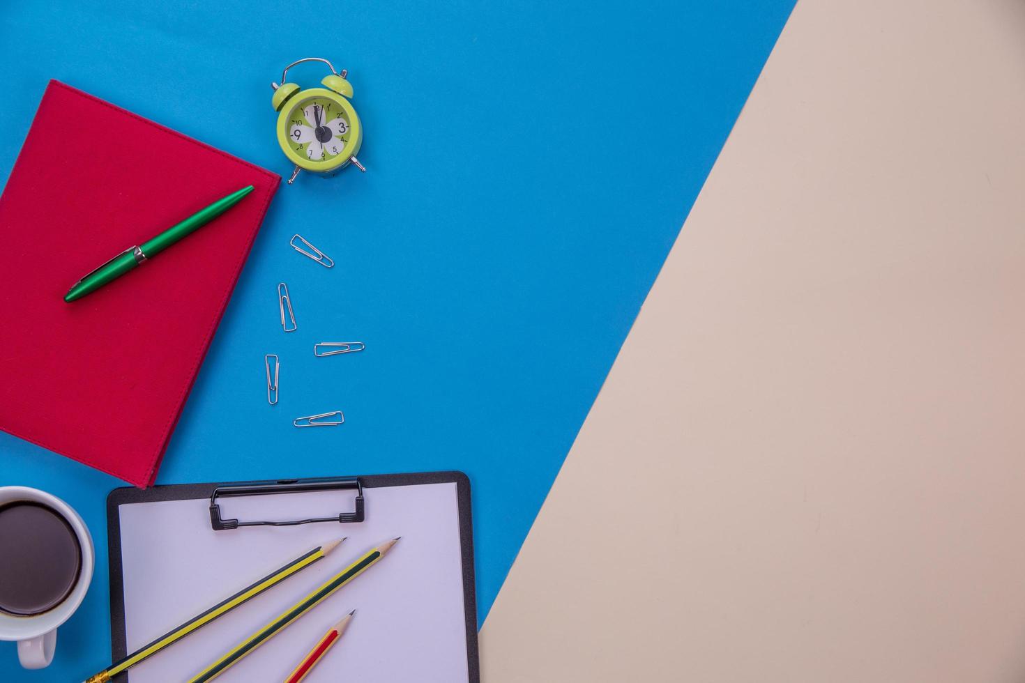 Flat lay, top view office table desk photo