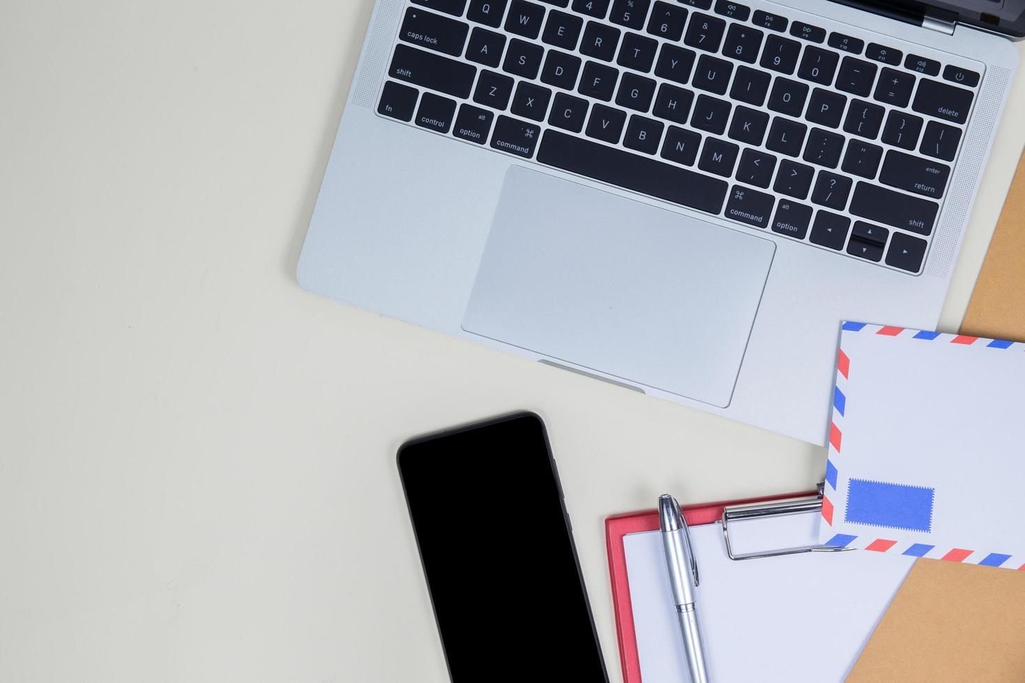 Flat lay, top view office table desk photo